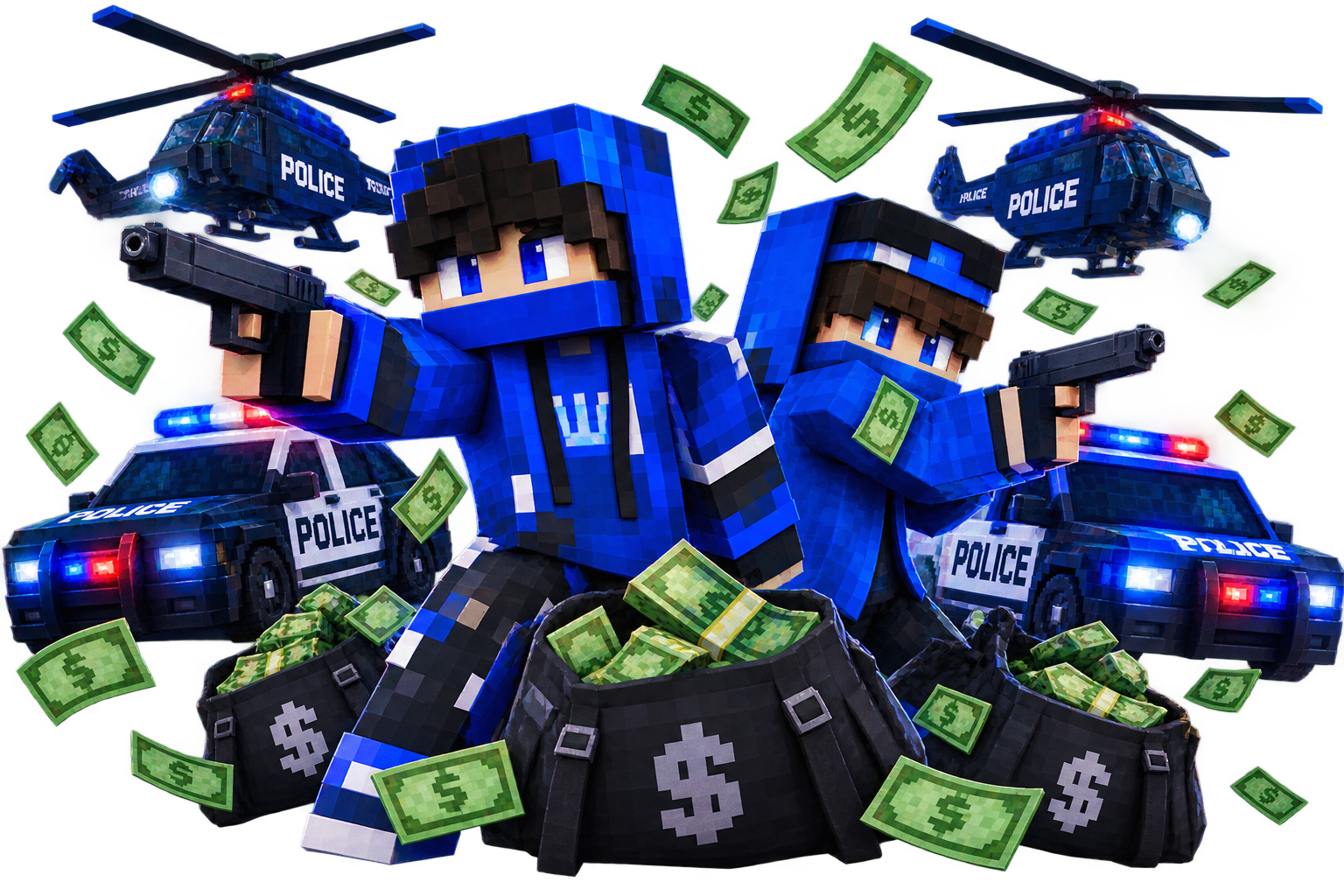 Mavi üniformalı iki Minecraft polis karakteri, helikopterler ve polis arabaları